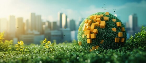 A green sphere with yellow blocks in the foreground of a cityscape.