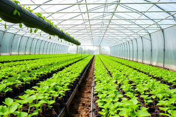A greenhouse interior filled with rows of young green plants in black pots. The structure has a transparent roof and walls, allowing natural light to illuminate the plants.