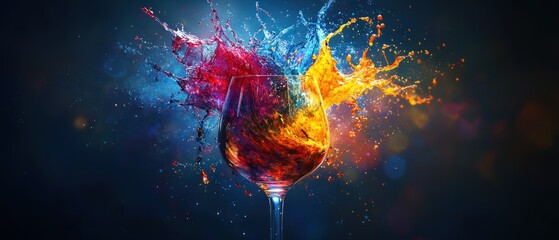 Colorful liquid splashing from a wine glass on dark blue background.