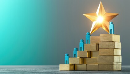 Stacked golden wooden blocks with blue figures stepping up toward a glowing star