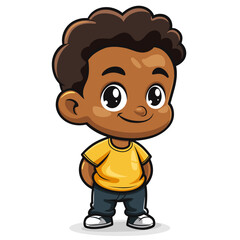 Obraz premium Vector illustration of a cute little black boy in yellow t-shirt.
