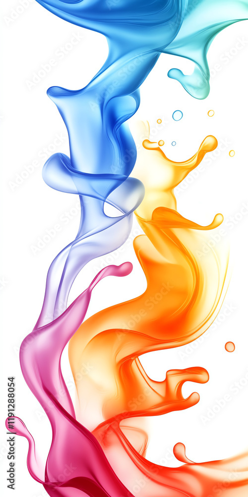 Poster a vibrant splash of colorful liquid swirling upward, creating an abstract and dynamic visual effect,