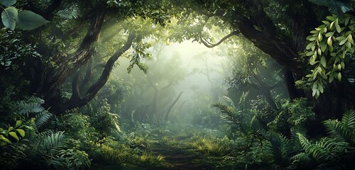 Obraz premium peaceful sunlit forest clearing with vibrant greenery and nature