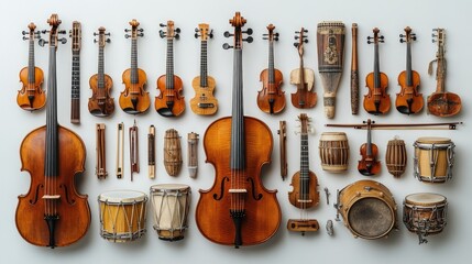 Naklejka premium Collection of diverse string and percussion instruments.