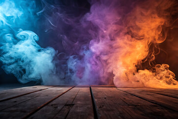 Abstract clouds vibrant photo of swirling blue, purple, and orange smoke rising from a textured wooden surface