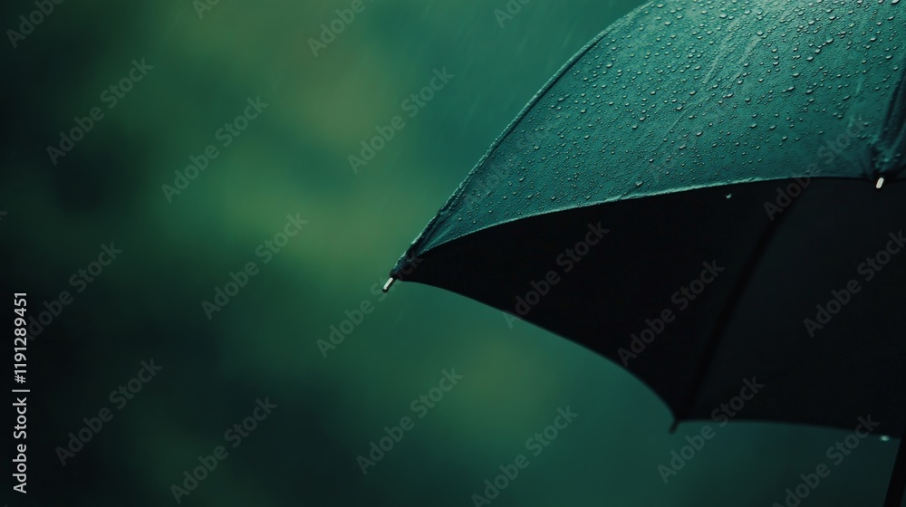 Poster rain drops cascading on a black umbrella during a heavy monsoon downpour, creating a serene and atmo