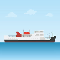 Obraz premium A minimalist vector illustration depicts a serene white ferry boat gliding peacefully across a calm ocean under a light blue sky. Simple, clean lines create a tranquil mood.