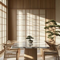 Naklejka premium Sunlit minimalist dining room with shoji screen, marble table, bonsai trees, and wooden chairs.