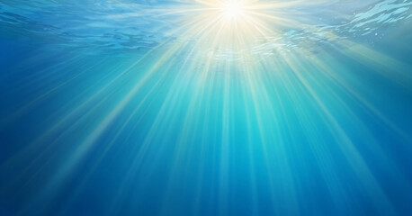 Fototapeta premium Underwater background with sun rays. Vector realistic underwater view. Ocean deep water, sea under water level, sun rays blue wave horizon.