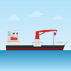 A minimalist cargo ship floats serenely on calm blue waters under a pale sky.  Its red crane is a striking detail against the clean lines of the vessel 