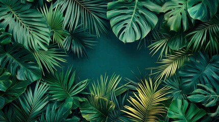 Lush Tropical Foliage Frame Dark Green Background with Monstera and Palm Leaves