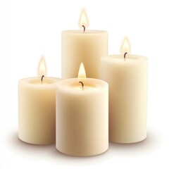 Four lit ivory pillar candles on white background.