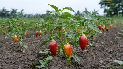 agriculture cultivation: thriving organic red and orange chili peppers field in small-scale sustainable farming