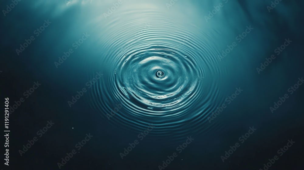 Poster Single drop of water creating perfectly circular ripples expanding on a dark blue water surface, with a subtle light reflection adding depth and tranquility to the scene