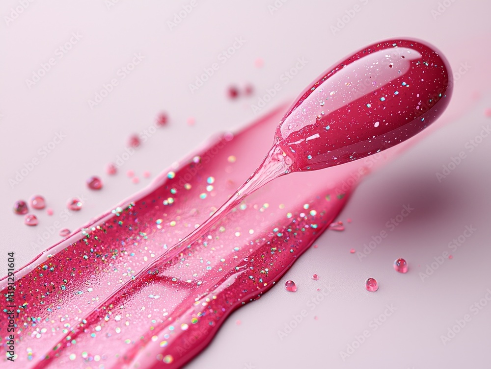 Poster clear pink lip gloss drips elegantly from rounded applicator tip creating dynamic visual effect. whi