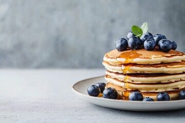 Homemade Pancakes stack with blueberries and honey on a modern ceramic plate. Classic blueberry pancake stack filled with syrup among gray concrete wall background. Sweet breakfast with berry, fruit.