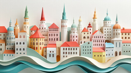 Obraz premium A three-dimensional paper sculpture depicting an urban landscape, featuring buildings and structures in the Art Nouveau style.