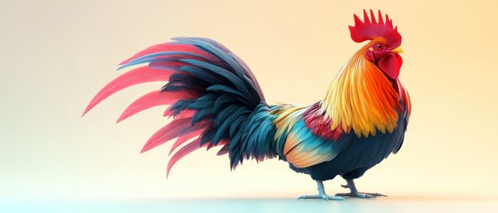 Obraz premium Colorful Rooster with Large Tail Feathers on a White Background.