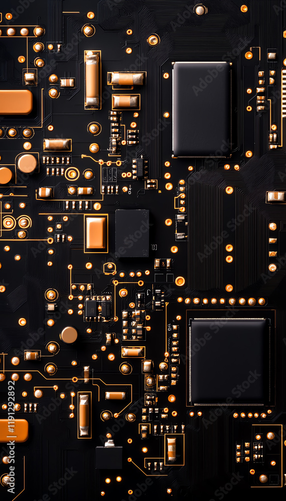 Poster close-up of a modern circuit board showcasing intricate electronic components and glowing connection