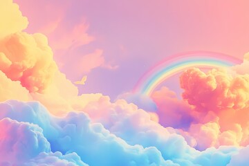 Pastel cloudscape with rainbow and bird