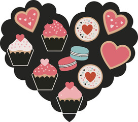 Happy Valentine's Day, A cute set of heart-shaped cupcakes with pink frosting, cherries, and strawberries in a seamless cartoon bakery illustration