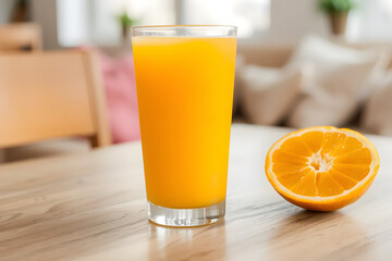 A refreshing glass of orange juice sits on a wooden table next to a halved orange, with a cozy indoor setting in the background.
