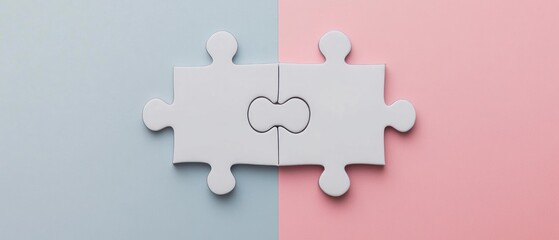 Obraz premium Two white puzzle pieces fitting together on a pink and blue background.