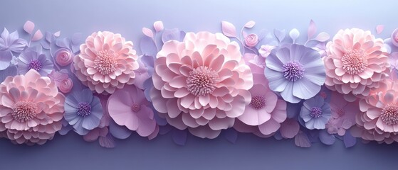Paper flowers in pink and purple hues on a lilac background.
