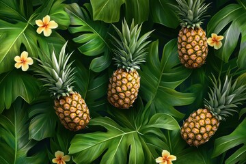 Fototapeta premium Tropical seamless pattern featuring ripe pineapples and lush green leaves in a vibrant floral environment. Generative AI