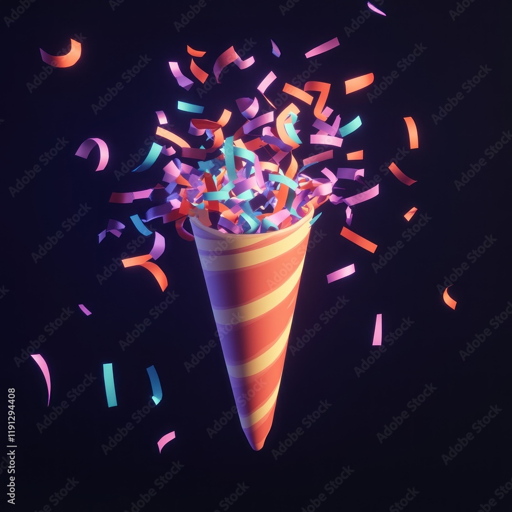 Poster exploding party cone with colorful confetti on dark background.