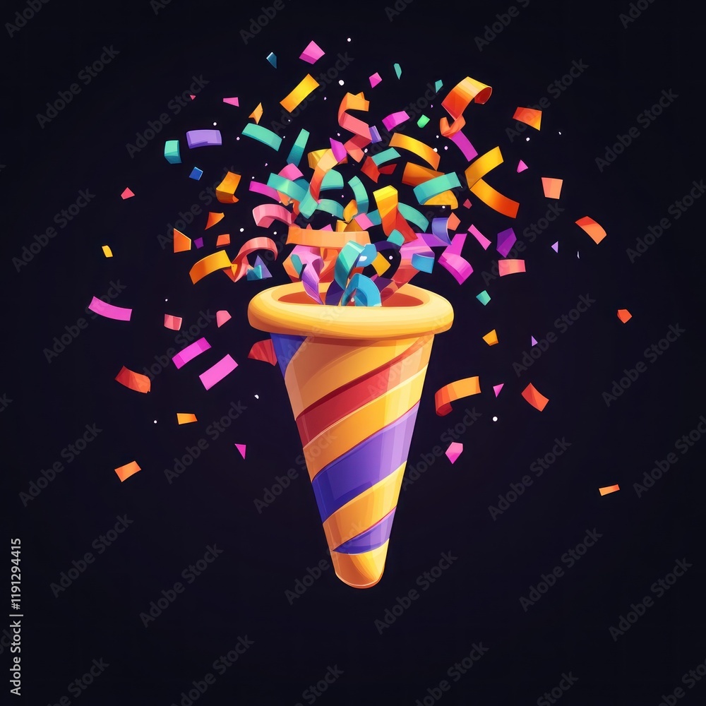 Poster colorful party popper exploding with confetti on a black background.