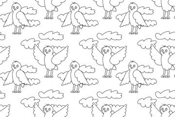 Seamless black and white pattern featuring birds and clouds, perfect for coloring books and creative activities.