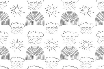 Hand-drawn seamless pattern with rainbows, clouds, raindrops, and suns, designed for coloring purposes.