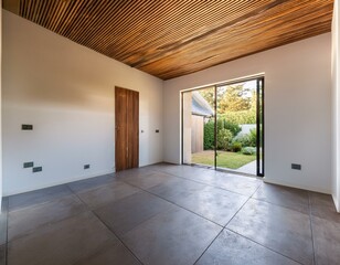 Obraz premium Generated image A modern, contemporary loft with an open door leading to a garden, featuring concrete tile