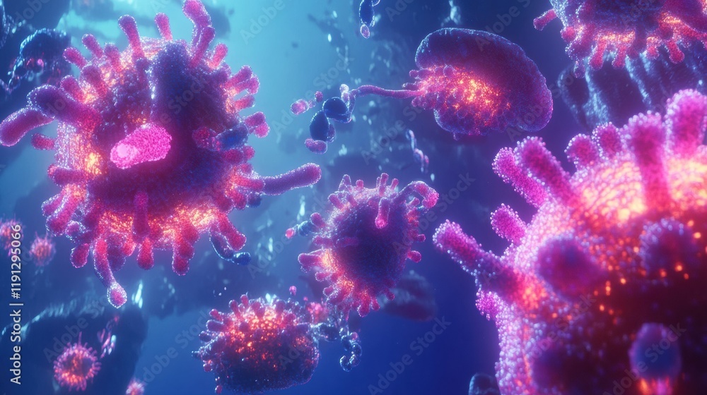 Leinwandbilder antibodies target glowing viruses in an animated microscopic environment. generative ai