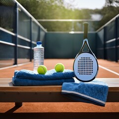 Generated image A neatly arranged padel racket and a set of balls placed on a bench beside the court