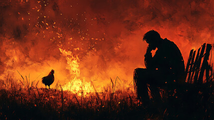 Fototapeta premium A dramatic scene of Saint Peter sitting by a flickering fire, head in his hands, the faint silhouette of a rooster perched on a wooden fence in the distance, warm and muted tones, intricate textures,