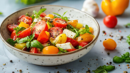 Fresh garden salad with heirloom tomatoes, mozzarella, and basil, perfect for a summer lunch at a cozy outdoor setting