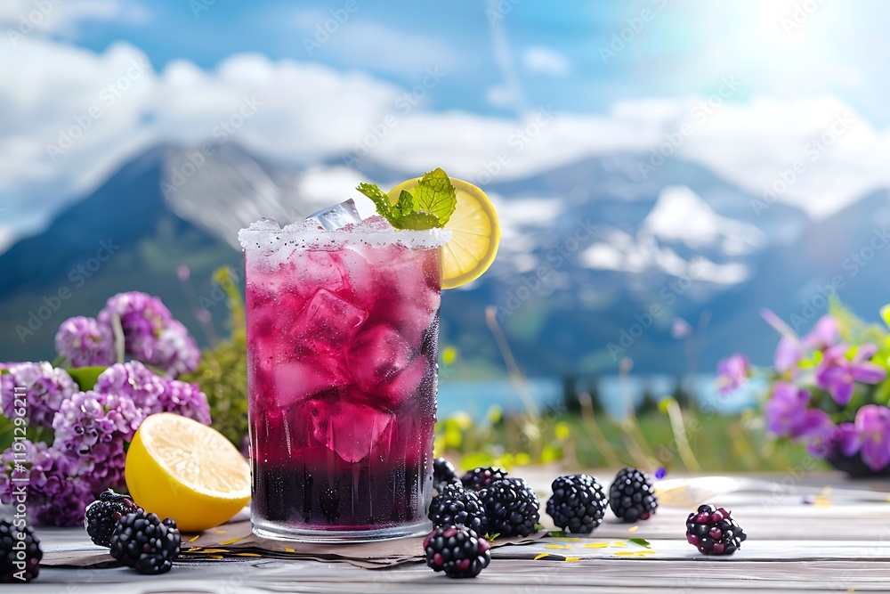 Poster a frosty blackberry lemonade with ice, set on a picnic table with a mountain view in the background.