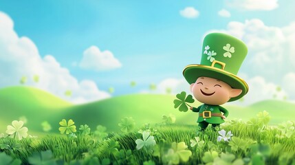 A smiling leprechaun wearing green clothes and a tall hat decorated with shamrocks. He stands on green grass, surrounded by clover, against a blue sky with white clouds.