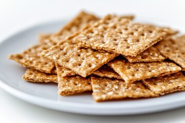 Healthy Crackers Stack. Brown crackers pile topped with seeds. Wholemeal salt cracker heap. Snack plate of golden crispy cookies on a table. Multigrain flatbread. Delicious salty biscuit, hardtack