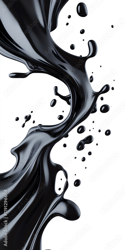 Poster dynamic splash of black liquid creating artistic shapes, perfect for backgrounds or design projects.