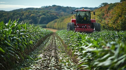 Obraz premium Harvesting Corn: A Red Tractor in a Lush Green Field