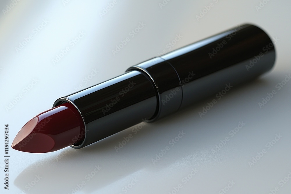Poster deep burgundy lipstick bullet is placed diagonally on pristine white surface. satin finish radiates 