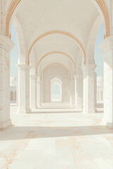 Obraz premium Serene Passageway: A long, arched corridor lined with pristine white pillars bathed in soft sunlight, inviting exploration and contemplation. The golden arches create a striking contrast.