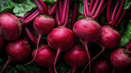 a lot of Freshly harvested beetroot with leafy greens on a textured surface of the ground, top view, background