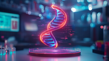 World Cancer Day research campaign concept. 3D DNA model glowing in a futuristic lab environment.