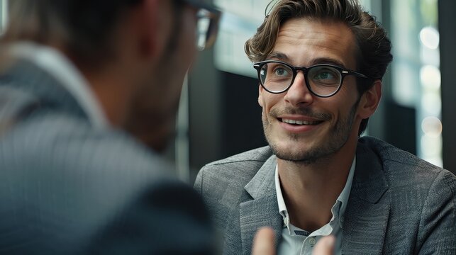 Man in glasses and grey suit enjoys conversation with colleague.