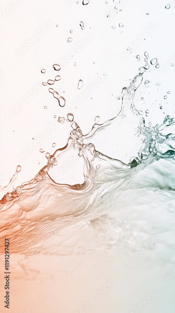 Poster Dynamic water splashing, creating ripples and drops on a gradient background, capturing the fluidity and motion of liquid in an artistic and visually appealing way
