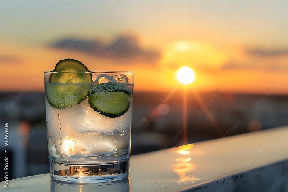 Poster a frosty gin and tonic with cucumber slices, placed on a rooftop bar with a sunset view over the cit